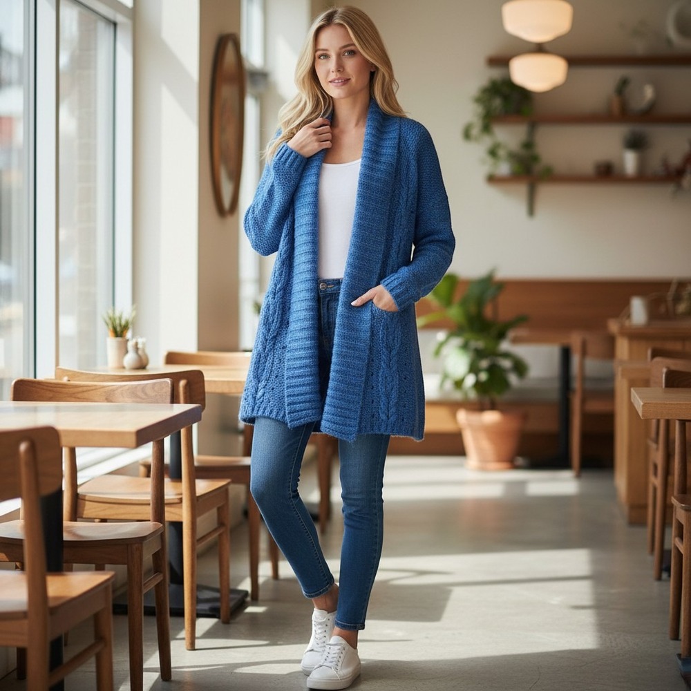 Erika Womens Blue Cable Knit Open Front Shawl Collar Cardigan Sweater Size M